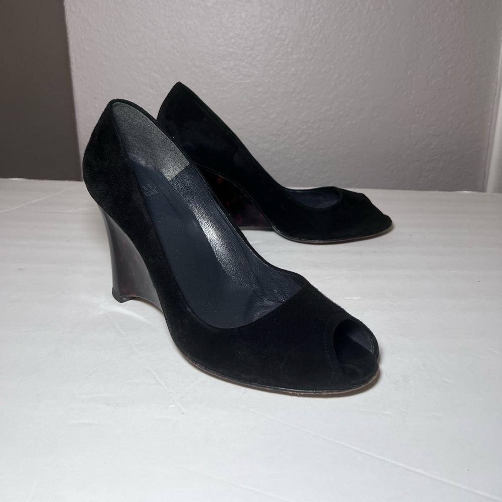 Stuart Weitzman Black Peep Toe Wedges Tortoiseshell Pattern